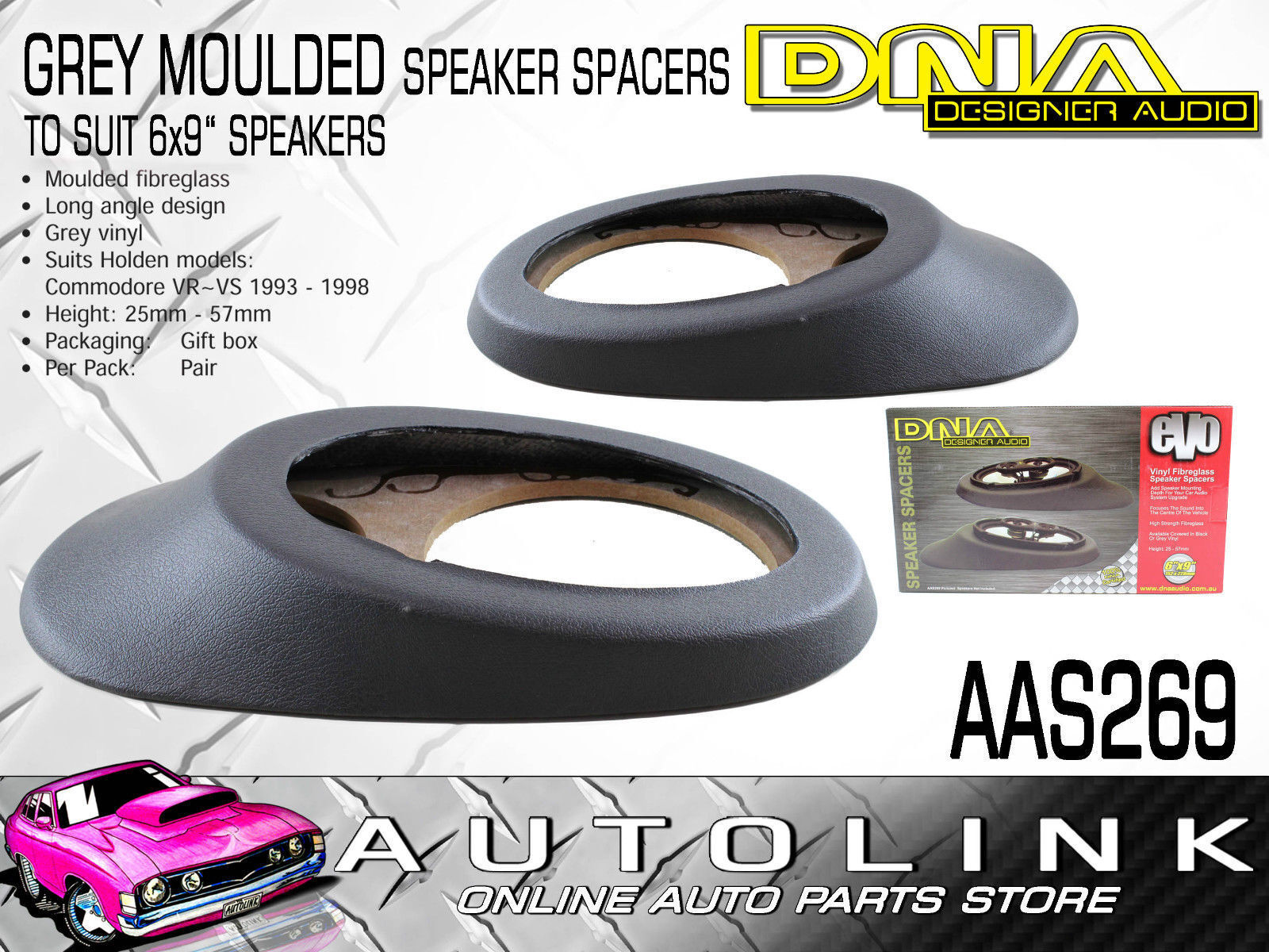 DNA 6X9" MOULDED SPEAKER SPACERS GREY VINYL LONG ANGLED TYPE UNIVERSAL AAS269 DNA AUDIO