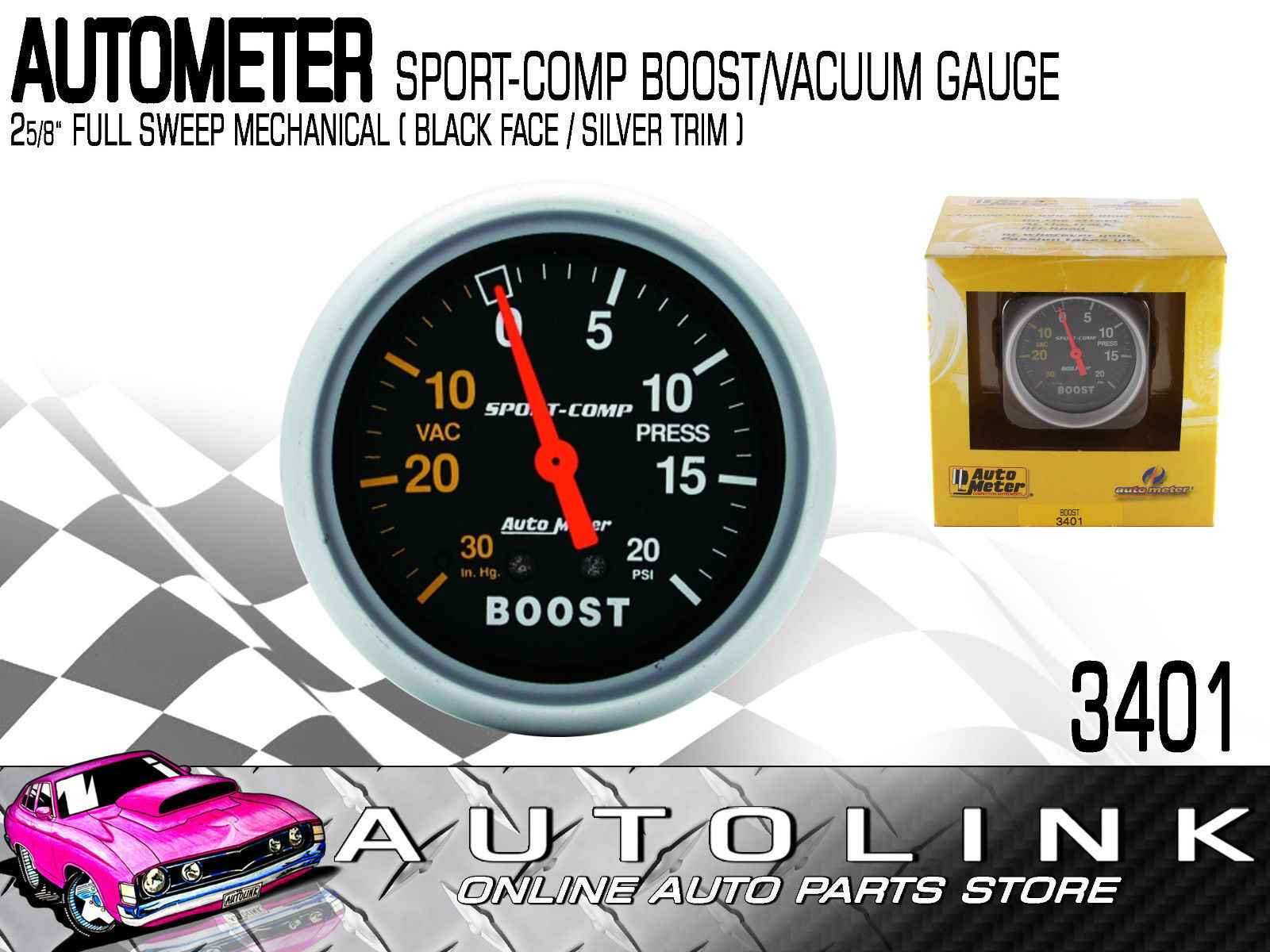 Auto Meter Sport-Comp Vacuum / Boost Gauge – 2-5/8" 30 In.Hg Vac / 20 PSI Boost – ATM-3401