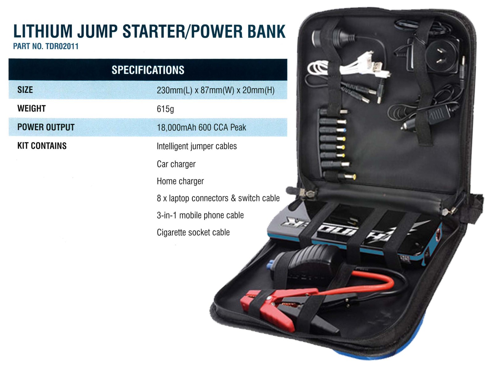 THUNDER LITHIUM JUMP STARTER / POWER BANK KIT WITH CARRY CASE ( TDR02011 )