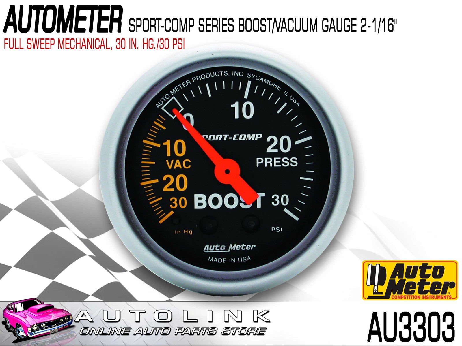 Auto Meter 3401 Sport-Comp Mechanical Boost/Vacuum Gauge 