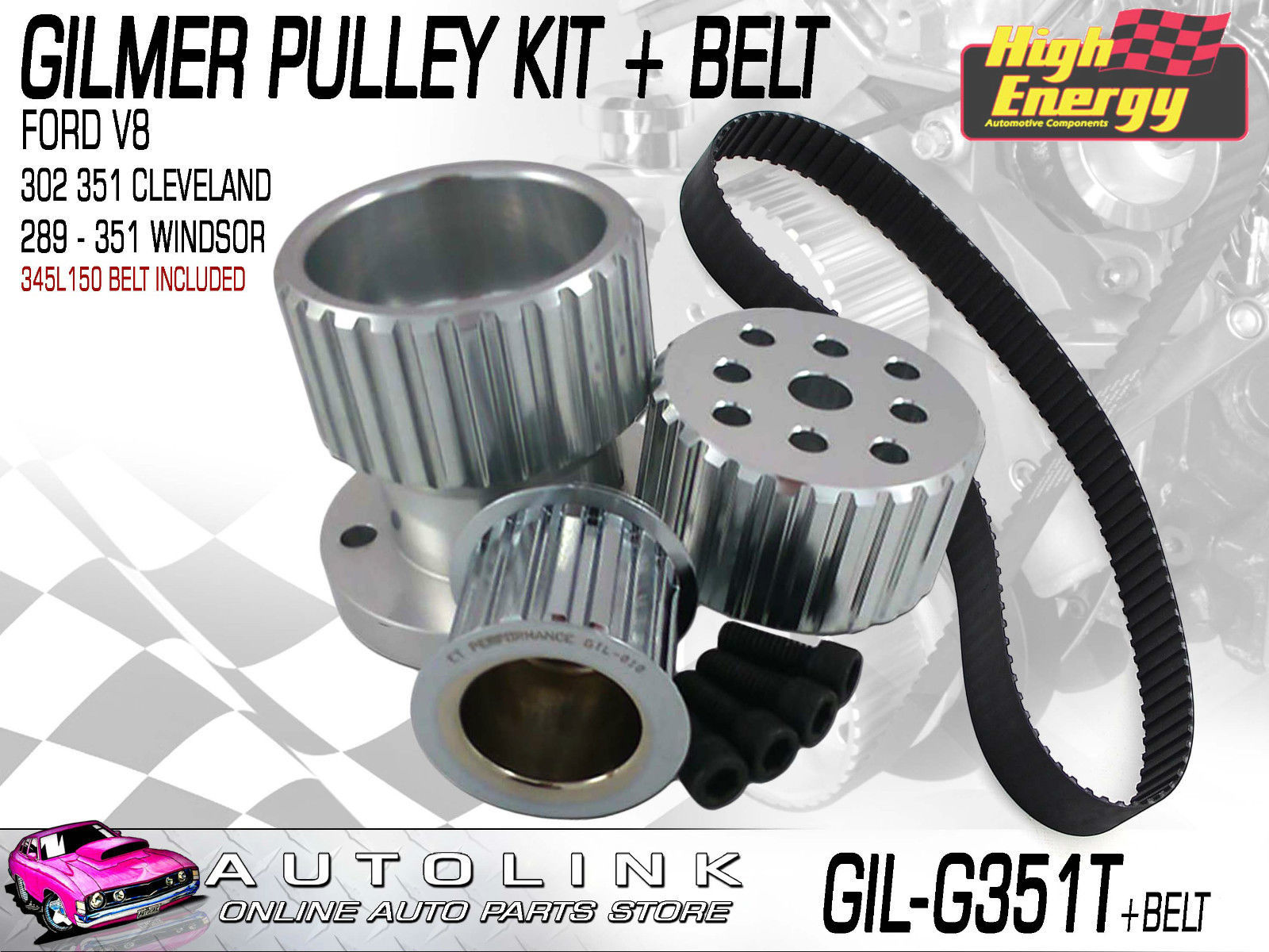 GILMER PULLEY KIT & BELT FOR FORD 289351 WINDSOR V8 FALCON XR XT XW XY HIGH ENERGY