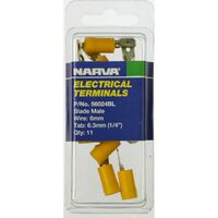 NARVA CRIMP TERMINALS MALE BLADE INSULATED YELLOW 5 - 6mm WIRE 6.3mm TAB QTY 11 