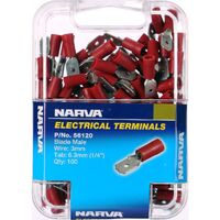 NARVA TERMINALS BLADE MALE VINYL INSULATED - WIRE 3mm TAB 6.3mm RED PACK OF 100