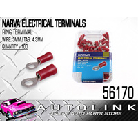 NARVA TERMINALS RING TYPE - WIRE 3mm TAB 4.3mm RED PACK OF 100 ( 56170 )