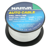 Narva 5813-7WE Single Core Cable White 3mm Dia 7 Metre Roll - 10 Amp Rated