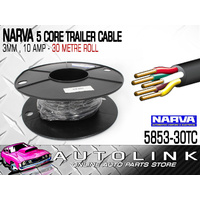 NARVA 5 CORE TRAILER & ROAD TRAIN CABLE 3mm DIA, 10 AMP - 30 METRE ROLL 