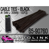 CABLE TIES 100 PACK 368mm x 4.8mm BLACK SELF-LOCKING UNIVERSAL ZIP TIE 65-90760