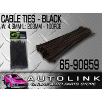 CABLE TIES 100 PACK 203mm x 4.6mm BLACK WEATHER RESISTANT UNIVERSAL WIRE ZIP TIE