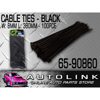 CABLE TIES 100 PACK 380mm x 7.6mm BLACK SELF-LOCKING UNIVERSAL ZIP TIE 65-90860