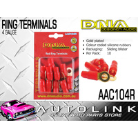 DNA 4 GAUGE RING TERMINALS GOLD PLATED RED WITH RUBBER INSULATORS 10 PACK