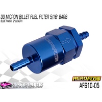 AEROFLOW BILLET FUEL FILTER 30 MICRON 5/16" HOSE BARB 2" LONG ( BLUE ) AF610-05