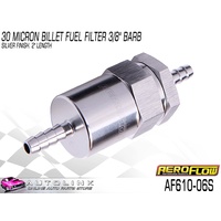 AEROFLOW BILLET FUEL FILTER 30 MICRON 3/8" HOSE BARB 2" LONG SILVER AF610-06S