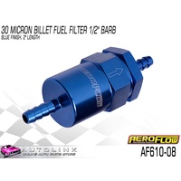 AEROFLOW BILLET FUEL FILTER 30 MICRON 1/2" HOSE BARB BLUE 2" LONG AF610-08