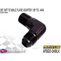 AEROFLOW MALE FLARE 90° ADAPTER 1/8 NPT TO -4AN BLACK AF822-04BLK