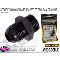 AEROFLOW STRAIGHT AN MALE FLARE ADAPTER TO ORB -8AN TO -8 ORB BLACK AF920-08BLK