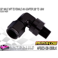 AEROFLOW 90° MALE NPT TO FEMALE AN ADAPTER 3/8" TO -8AN BLACK AF923-08-06BLK