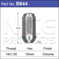 Nice Chrome Wheel Nut M14 x 1.5 Thread Mag Taper Closed 19mm Hex 44mm Long B644