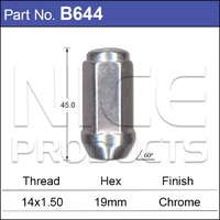 NICE CHROME WHEEL NUT M14 x 1.5 THREAD MAG TAPER CLOSED 19mm HEX 44mm LONG B644