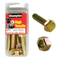 CHAMPION BF36 HIGH TENSILE FULL THREAD UNF BOLTS & NUTS 3/8" X 1-1/2" PACK OF 5