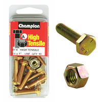 CHAMPION FASTENERS BF4 HIGH TENSILE UNF BOLTS & NUTS 1/4" x 1" PACK OF 10