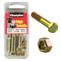 CHAMPION FASTENERS BF42 HIGH TENSILE UNF BOLTS & NUTS 3/8" x 2-1/2" PACK OF 3