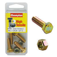 CHAMPION BM48 METRIC HIGH TENSILE BOLTS & NUTS M8 x 1.25 x 25mm PACK OF 4