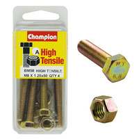 CHAMPION BM58 HIGH TENSILE FULL THREAD BOLTS & NUTS M8 x 1.25 x 50mm PACK OF 4