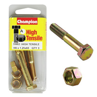 CHAMPION BM63 METRIC HIGH TENSILE BOLTS & NUTS M8 x 1.25 x 65mm PACK OF 3