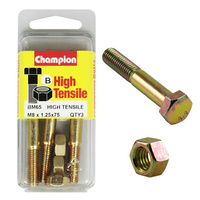 CHAMPION BM65 METRIC HIGH TENSILE BOLTS & NUTS M8 x 1.25 x 75mm PACK OF 3