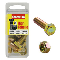 CHAMPION BM79 METRIC HIGH TENSILE BOLTS & NUTS M10 x 1.5 x 25mm PACK OF 4