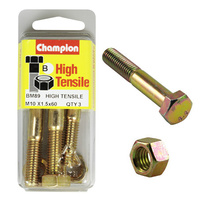 CHAMPION BM89 METRIC HIGH TENSILE BOLTS & NUTS M10 x 1.5 x 60mm PACK OF 3