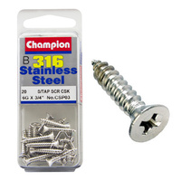 CHAMPION CSP03 316 STAINLESS STEEL SELF COUNTERSUNK TAPPING SCREWS 6g x 3/4" x20