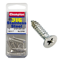 CHAMPION CSP08 316 STAINLESS STEEL COUNTERSUNK SELF TAPPING SCREWS 10g x 1" x10