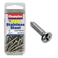 CHAMPION CSP12 STAINLESS STEEL SELF TAPPING PAN HEAD SCREWS 6g x 1" PACK OF 20