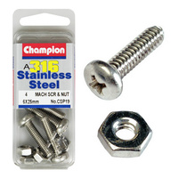 CHAMPION CSP19 316 STAINLESS STEEL PAN HEAD SCREWS & NUTS 6mm x 25mm PACK OF 4