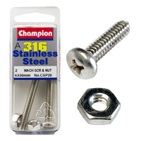 CHAMPION CSP20 316 STAINLESS STEEL PAN HEAD SCREWS & NUTS 6mm x 50mm PACK OF 2