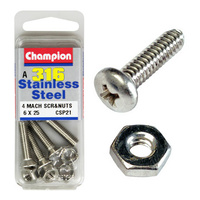 CHAMPION CSP21 STAINLESS STEEL COUNTER SUNK SCREWS & NUTS 6mm x 25mm PACK OF 4