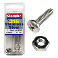 CHAMPION CSP22 STAINLESS STEEL COUNTER SUNK SCREWS & NUTS 6mm x 50mm PACK OF 2