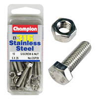 CHAMPION CSP39 316 STAINLESS STEEL METRIC BOLTS & NUTS 5mm x 25mm PACK OF 10