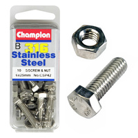 CHAMPION CSP42 316 STAINLESS STEEL METRIC BOLTS & NUTS 6mm x 25mm PACK OF 10