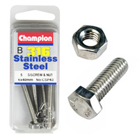 CHAMPION CSP43 316 STAINLESS STEEL METRIC BOLTS & NUTS 6mm x 40mm PACK OF 5
