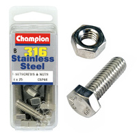 CHAMPION CSP44 316 STAINLESS STEEL METRIC BOLTS & NUTS 8mm x 25mm PACK OF 5