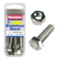 CHAMPION CSP46 316 STAINLESS STEEL METRIC BOLTS & NUTS 8mm x 40mm PACK OF 4