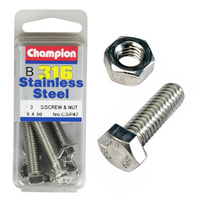 CHAMPION CSP47 316 STAINLESS STEEL METRIC BOLTS & NUTS 8mm x 50mm PACK OF 3