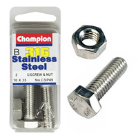 CHAMPION CSP49 316 STAINLESS STEEL METRIC BOLTS & NUTS 10mm x 35mm PACK OF 2