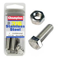 CHAMPION CSP50 316 STAINLESS STEEL METRIC BOLTS & NUTS 10mm x 50mm PACK OF 2