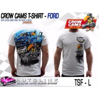 CROW CAMS WHITE T-SHIRT FORD FGX DRAG PRINT ON BACK & CROW ON FRONT - LARGE