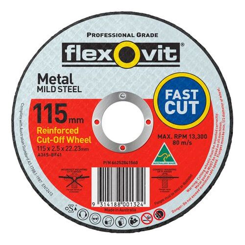 FLEXOVIT REINFORCED CUTTING WHEEL DISC 4-1/2" 115 x 2.5 x 22.2mm FLAT CUT OFF x5
