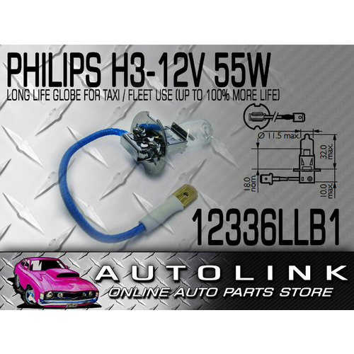 PHILIPS H3 12 VOLT HEADLIGHT GLOBE 55W LONGLIFE FOR HEAVY DUTY LONG DRIVING x1
