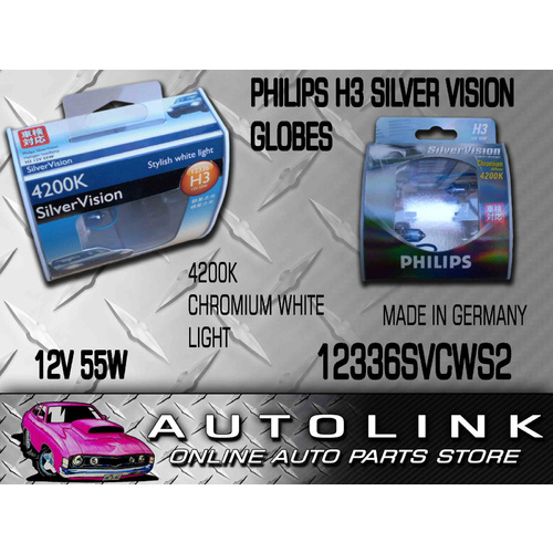 PHILIPS SILVER VISION H3 12V 55W HEAD LIGHT GLOBES PAIR 12336SVCWS2 WHITE 